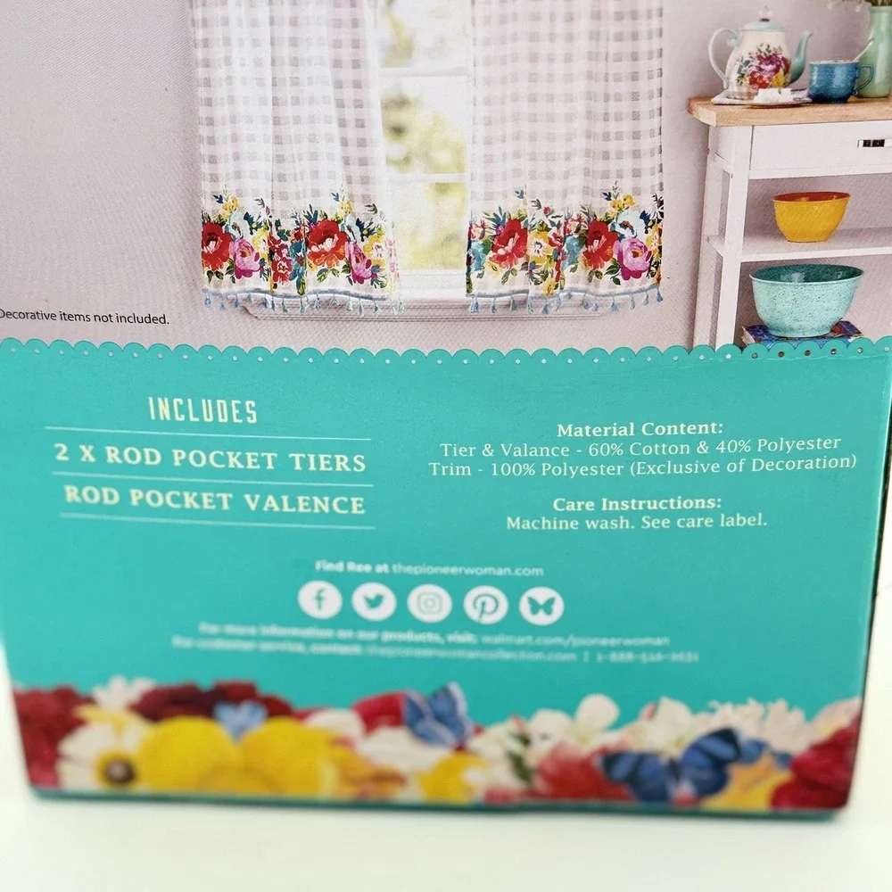 Pioneer Woman Window Curtain Set 30x36 Tiers 60x14 Valance Sweet Romance # 6610
